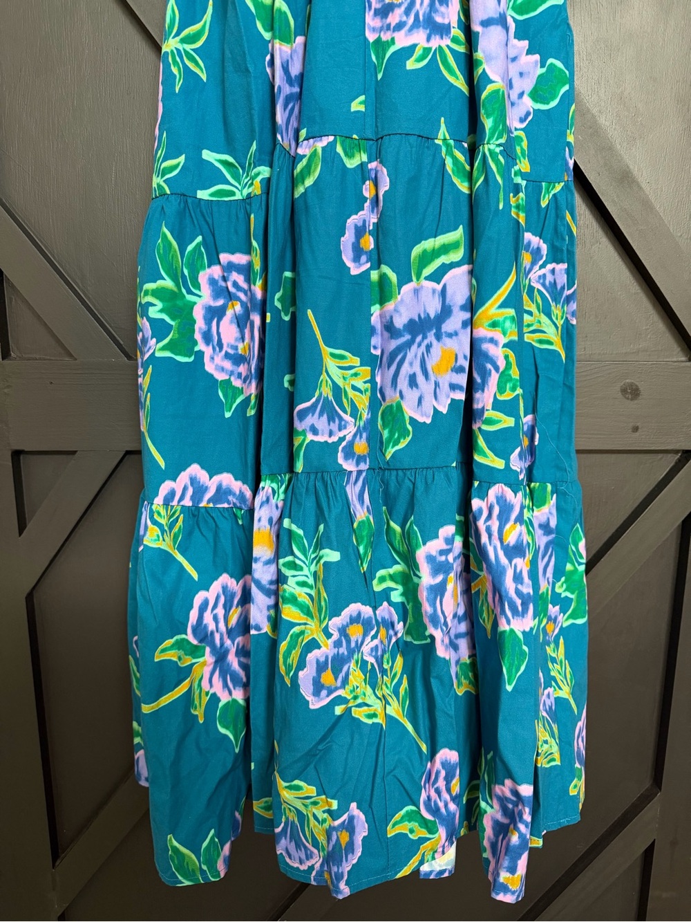 Peach Love Teal Tiered Maxi Dress with Puff Sleeves in Purple Floral, Small - Picture 10 of 11